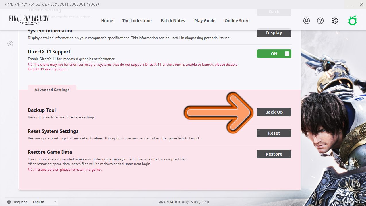 The Final Fantasy 14 launcher showing the config settings with an orange arrow pointing to the back up button under the advanced settings.