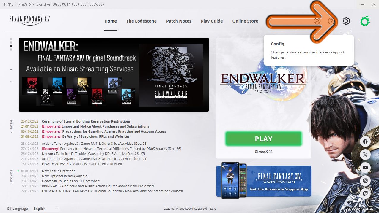 The Final Fantasy 14 launcher window with the config button highlighted with an orange arrow.