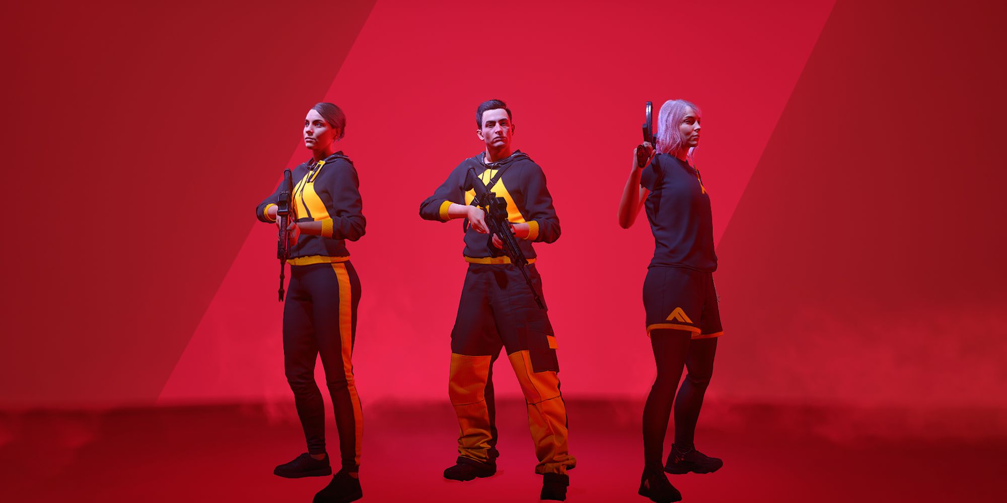 The Finals' Three Medium Build Characters (One Male, Two Females) Holding Guns Sanding With Red Background