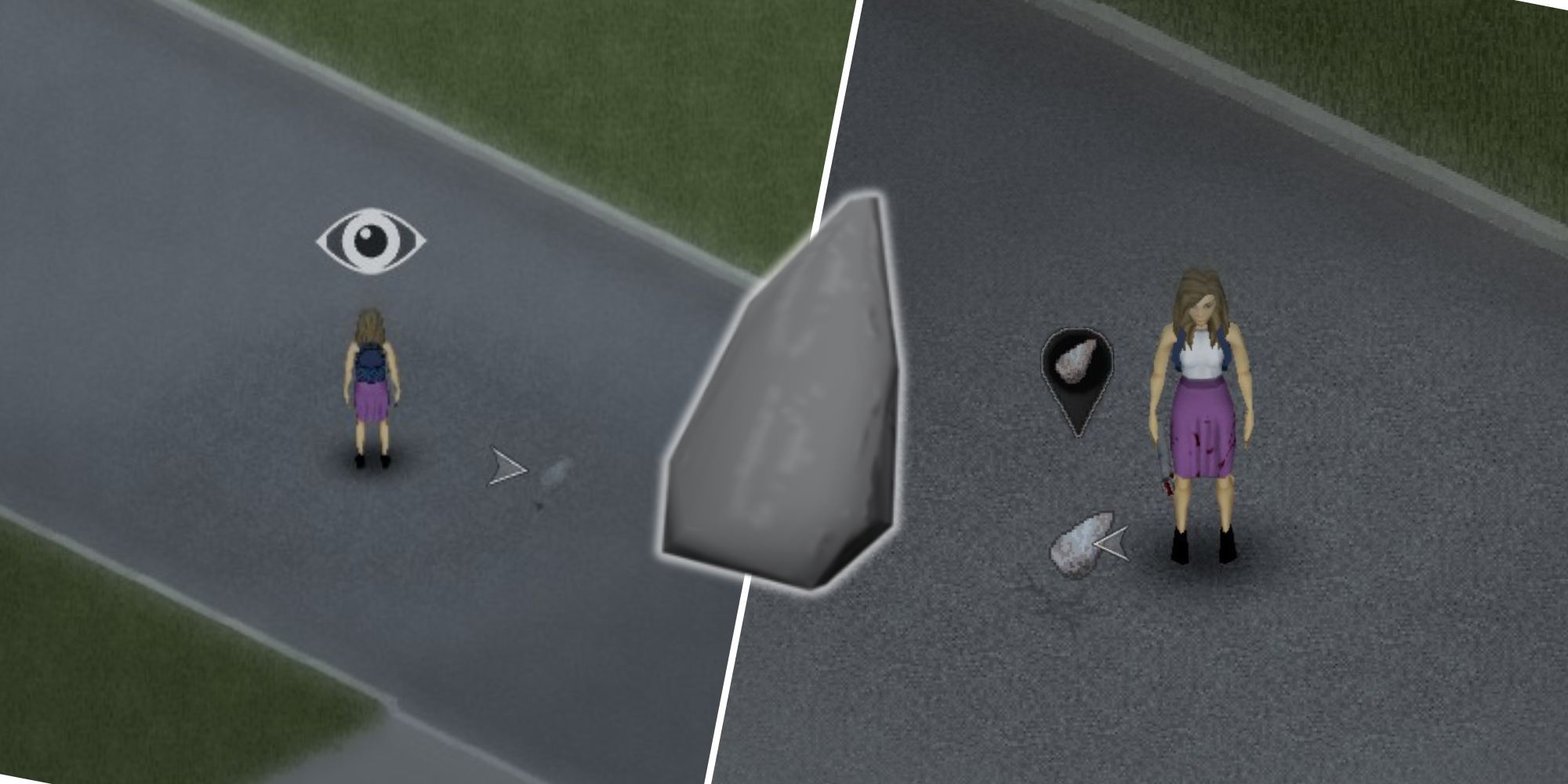 Split image of Project Zomboid showing a player with Chipped Stone
