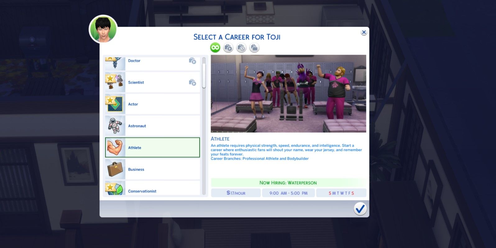 The Sims 4: An image of the Athlete Career Picker Page