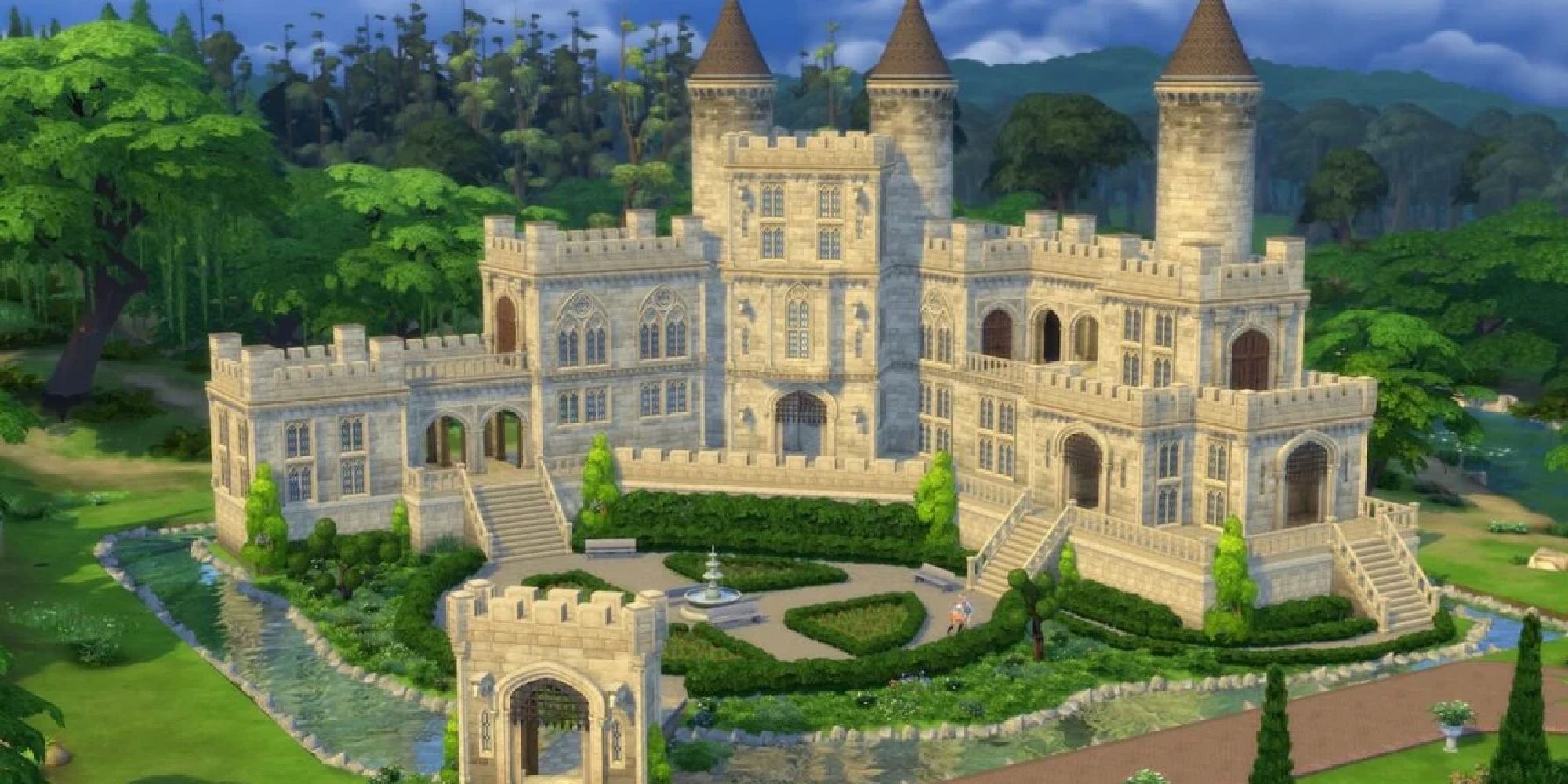 The Sims 4 castle with a giant moat and portcullis gate
