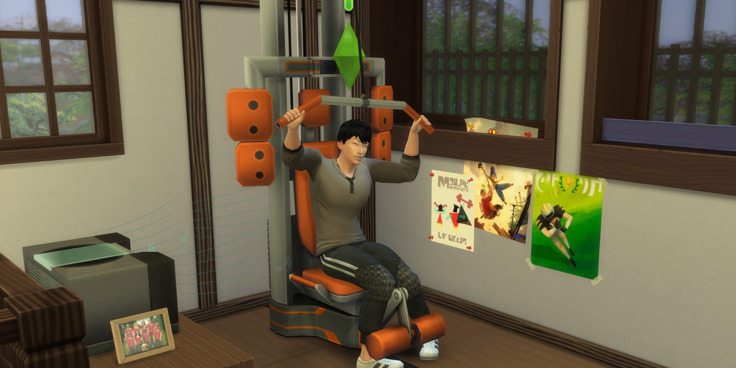 The Sims 4: An image of a Sim using the Exercise Machine