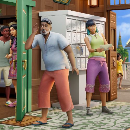 An older male sim listens at a door with a couple behind it while a younger female sim checks her mail