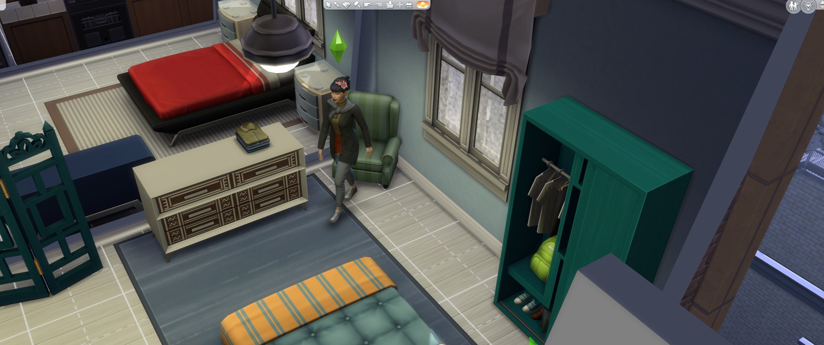 The Sims 4: A Sim in the Interior Design build mode screen