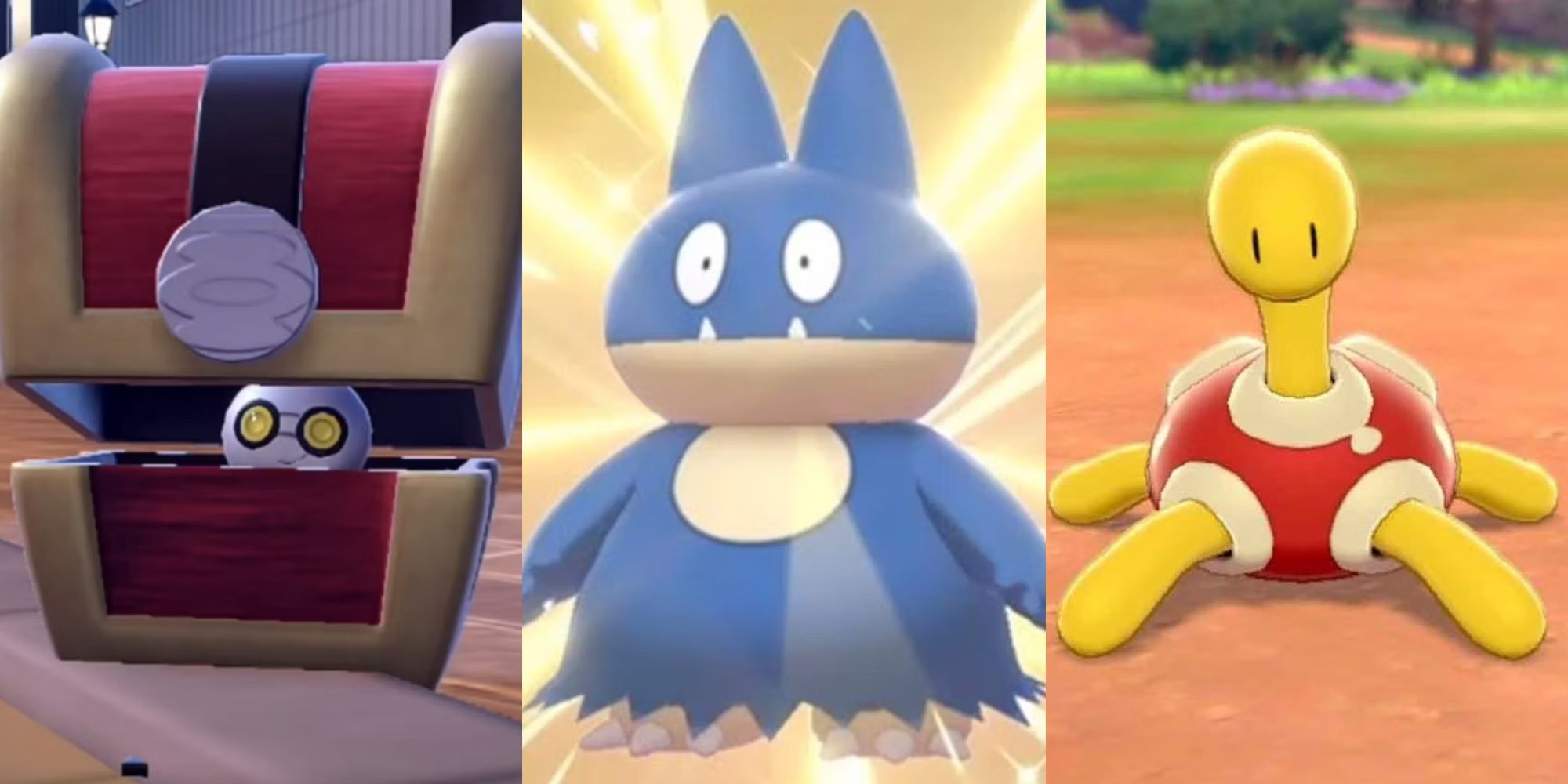 A split image of Gimmighoul hidinng, Munchlax staring blankly, and Shuckle sitting on a dirty ground in Pokemon.