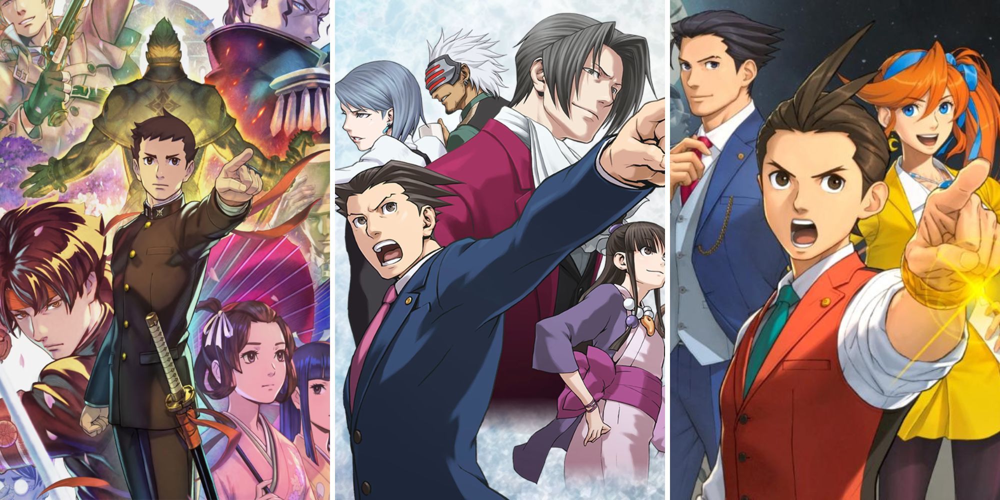 Ryunosuke points ahead, Phoenix Wright points and yells, Apollo Justice points in front of Phoenix and Athena