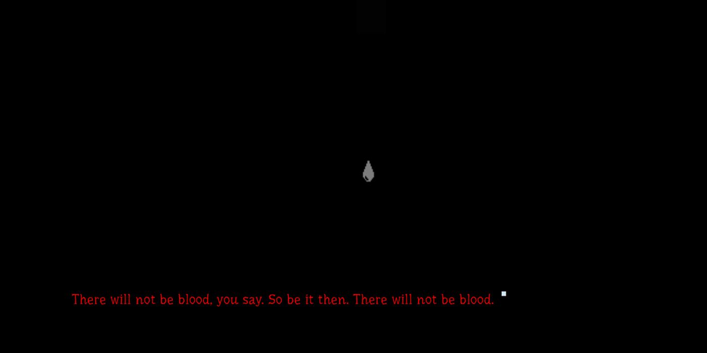 A single droplet of water. The red text underneath says, "There will not be blood, you say. So be it then. There will not be blood."