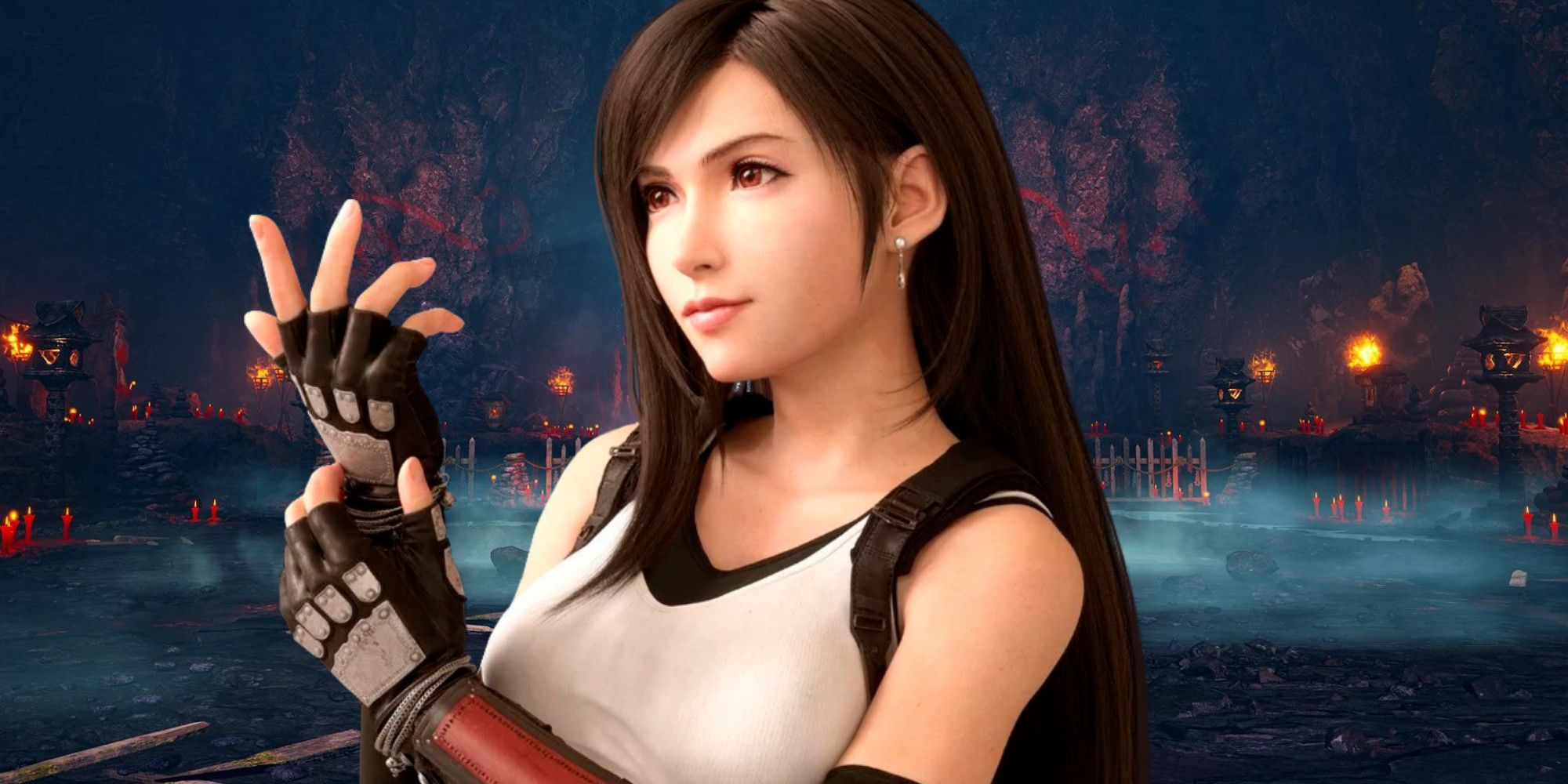 Tifa from Final Fantasy 7 remake in a dark cave from Tekken 8