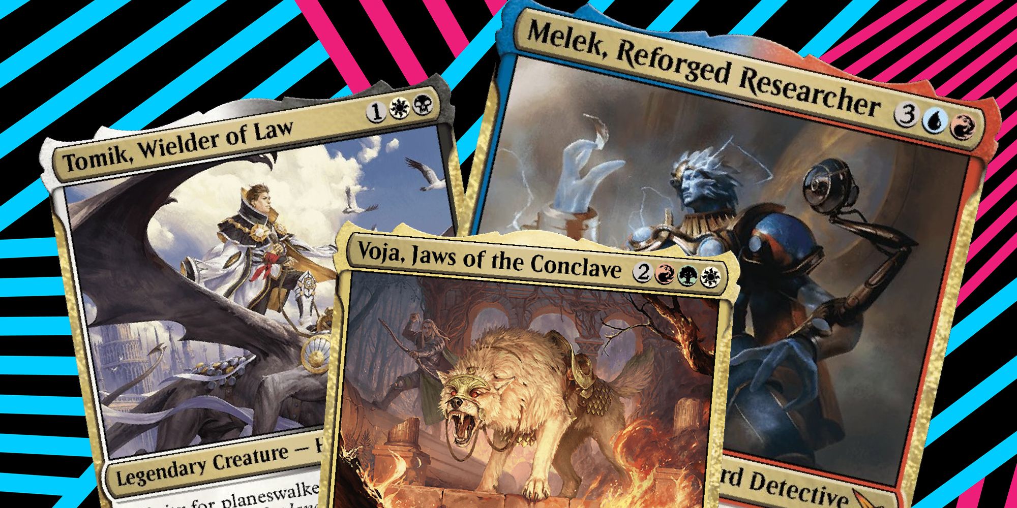 Tomik Wielder of Law, Voja Jaws of the Conclave, and Malek Reforged Researcher MTG cards over blue and pink lines on a black background