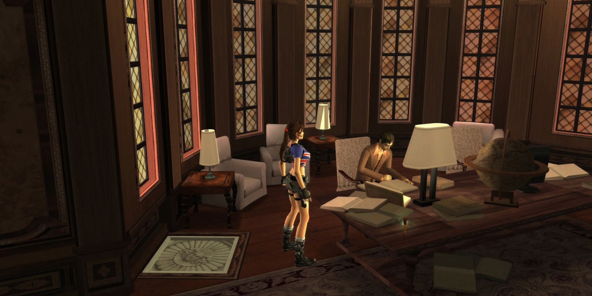 Lara Croft steht im Croft Manor Study