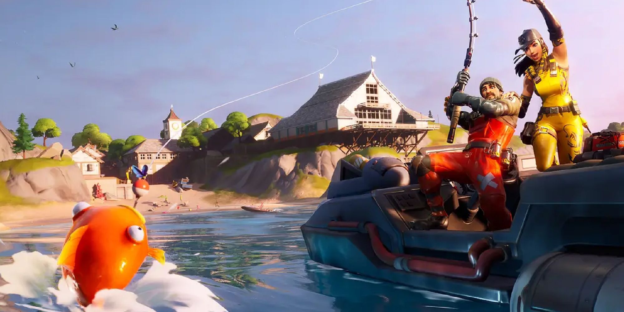 Two characters in a speedboat on a lake in Fortnite fishing, cheering as they catch an orange fish who is on the hook coming out of the water