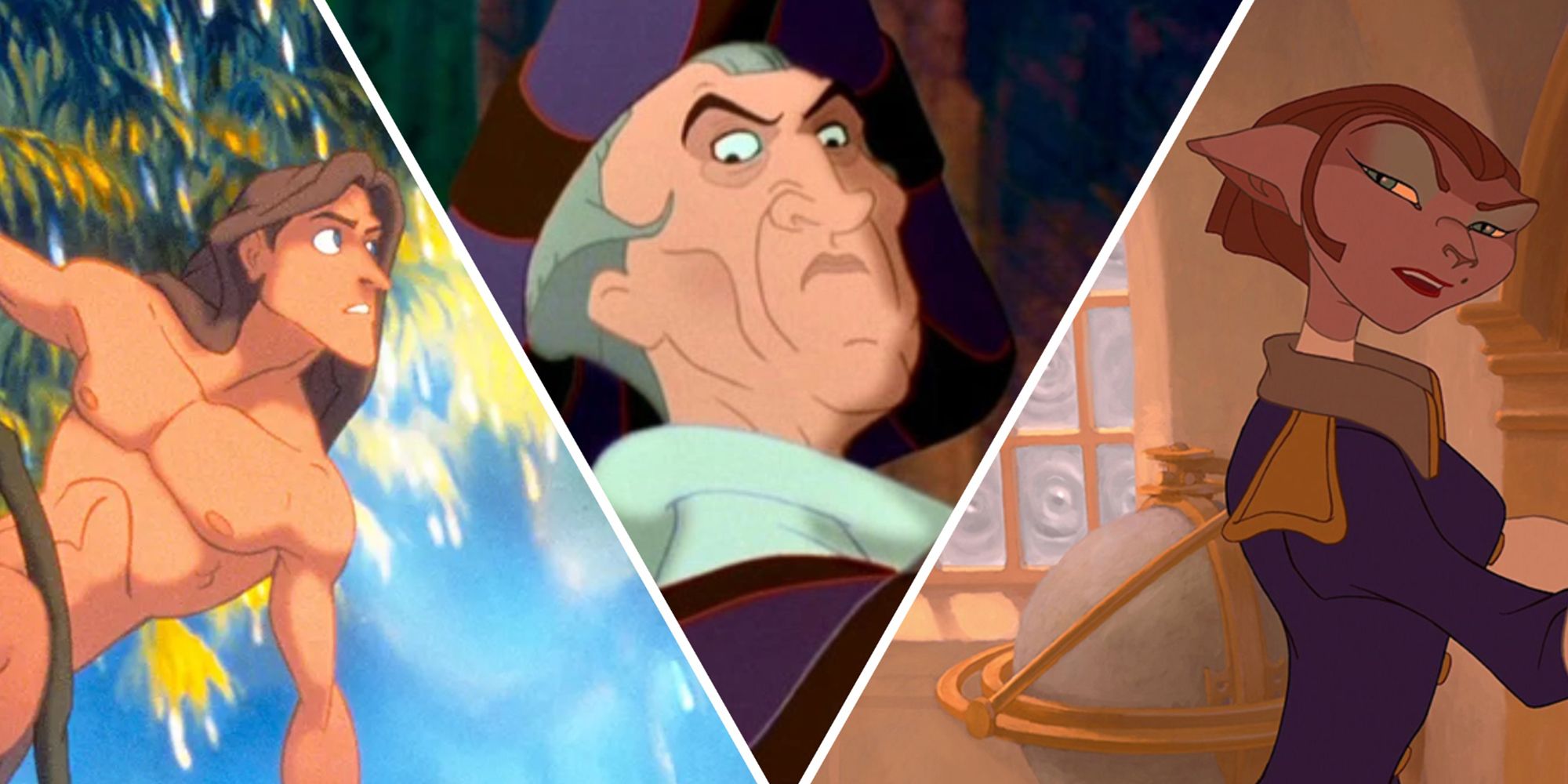Left to right, Tarzan, Frollo from the Hunchback of Notre Dame, and Captain Amelia from Treasure Planet are pictured.