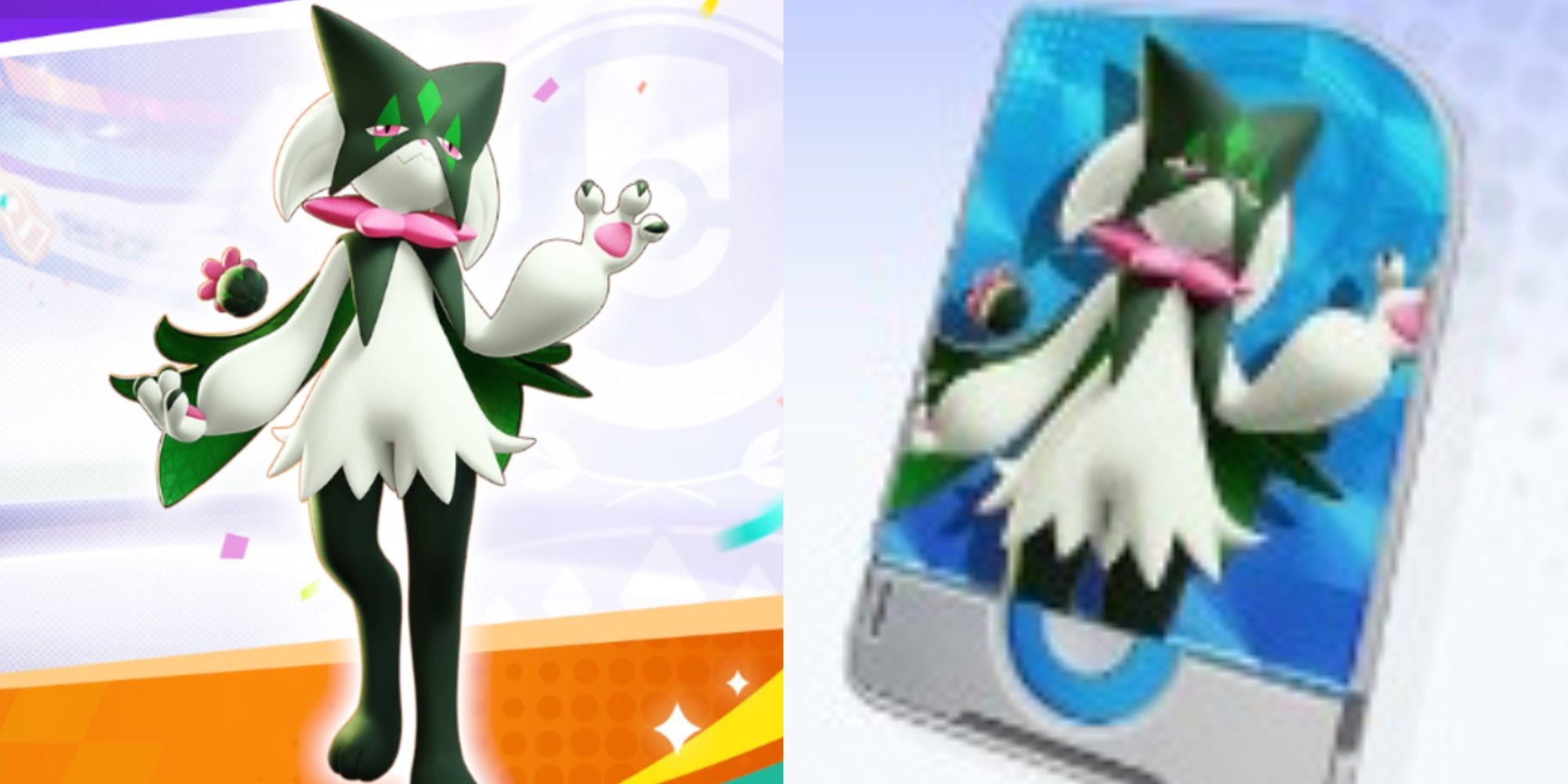 A split image of Meowscarada's introduction banner and its Unite License in Pokemon Unite.