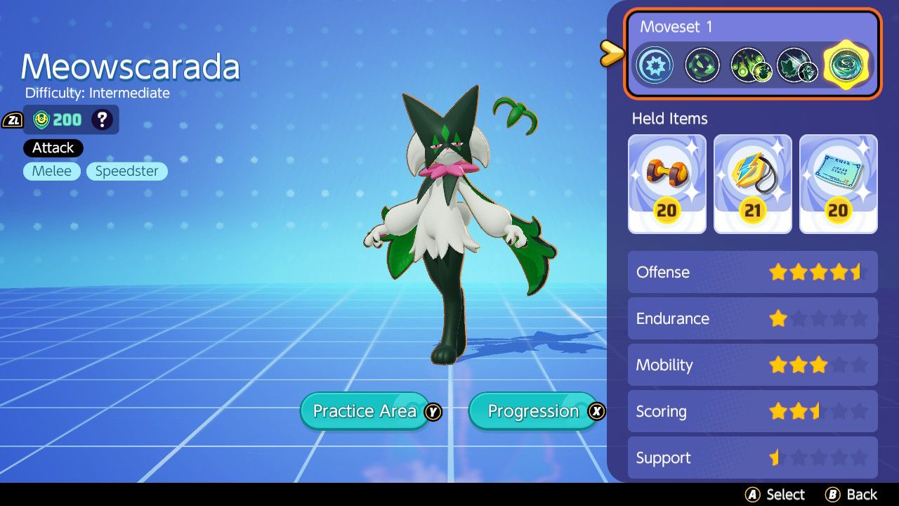 Meowscarada stands at attention beside an Attack Weight, Charging Charm, and Weakness Policy in Pokemon Unite.
