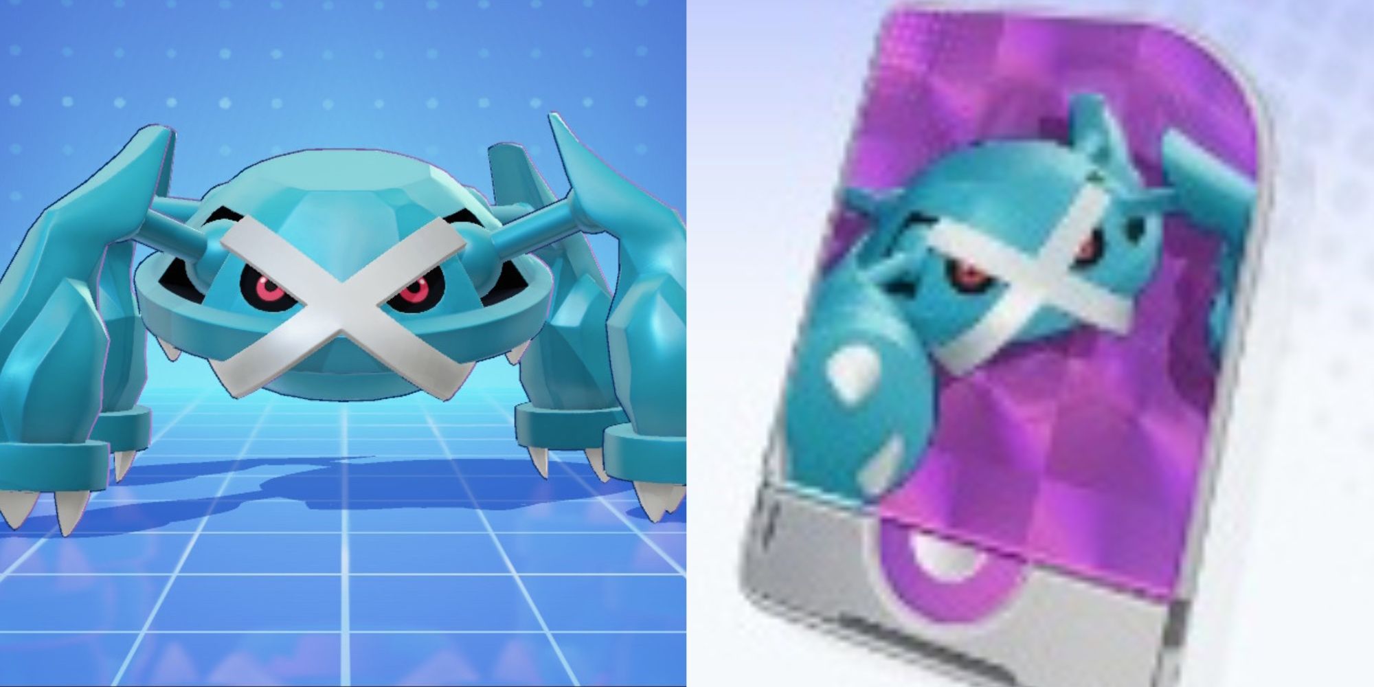 A split image of metagross and its Unite License in Pokemon Unite.