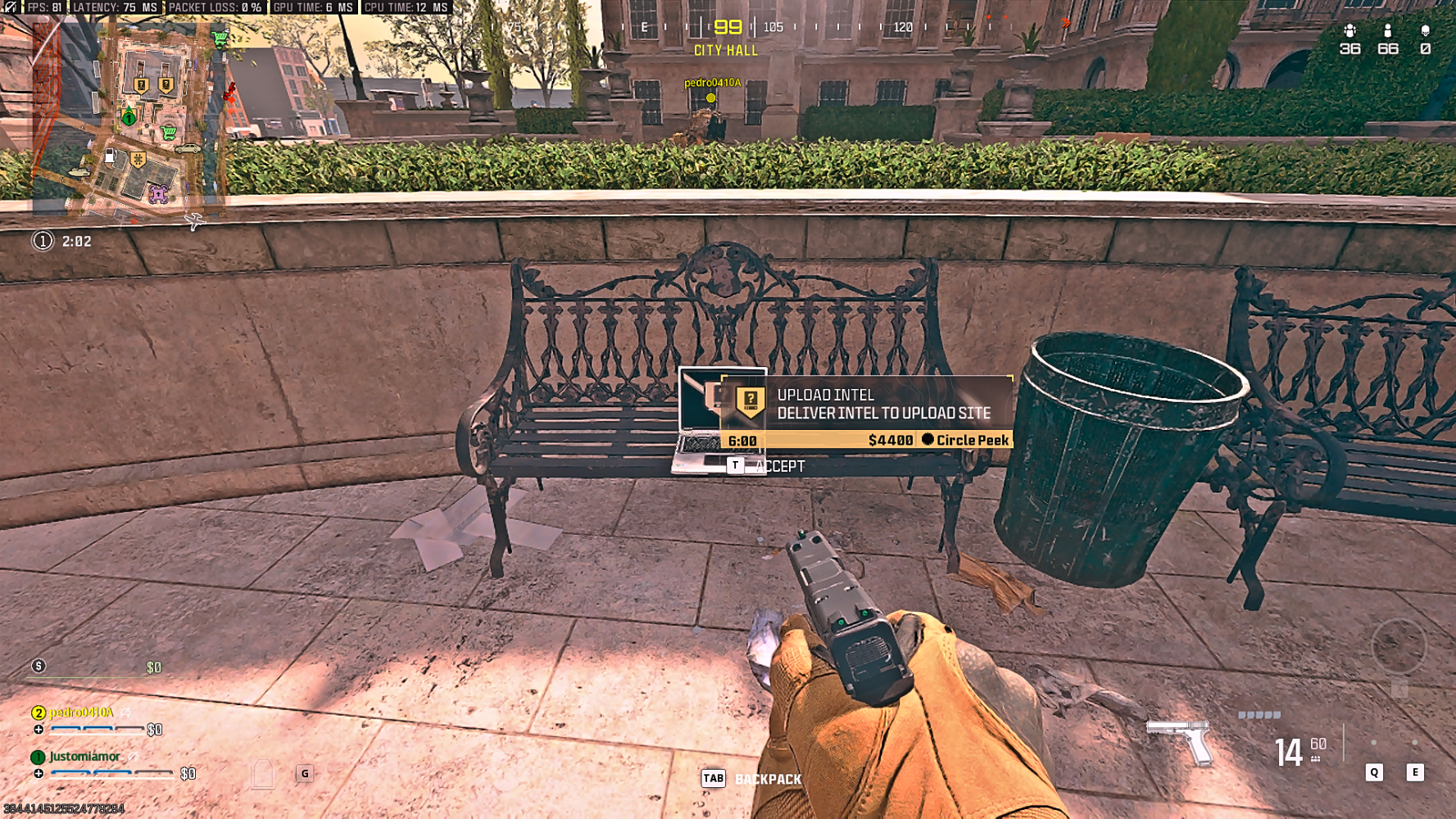 Player looking at a laptop laying on a park bench in Call of Duty Warzone