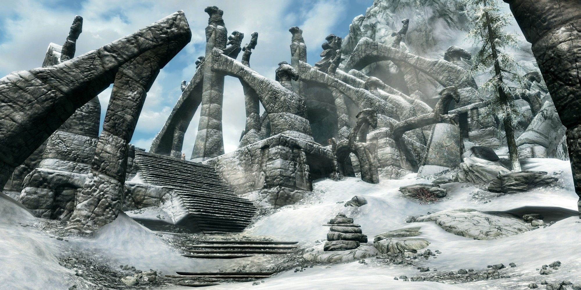 Snowy mountain ruins from Skyrim.