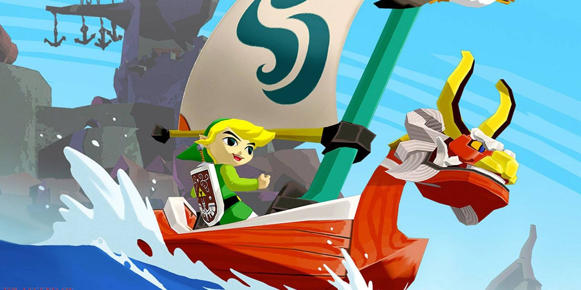 Link sailing across the Great Sea in The Wind Waker. 