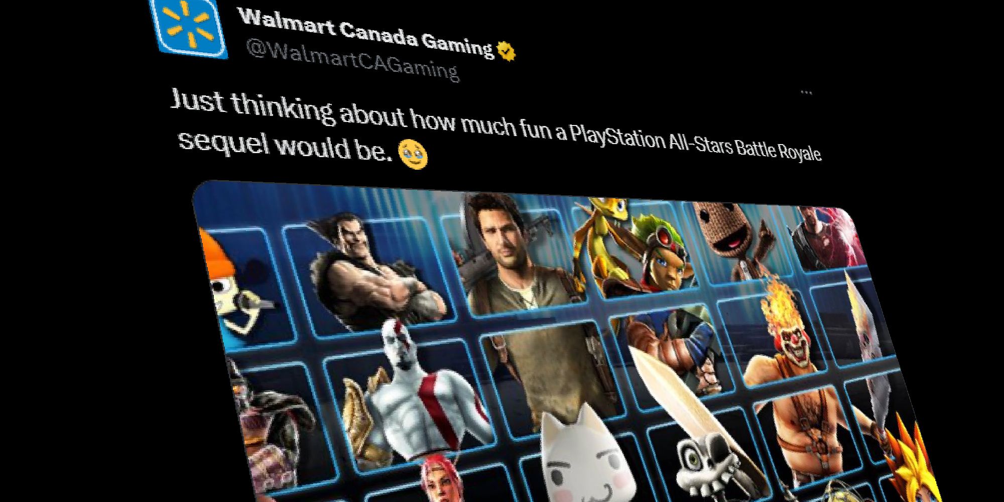 Walmart Canada Gaming tweeting a photo of PlayStation All-Stars Battle Royale, discussing how it wants a sequel