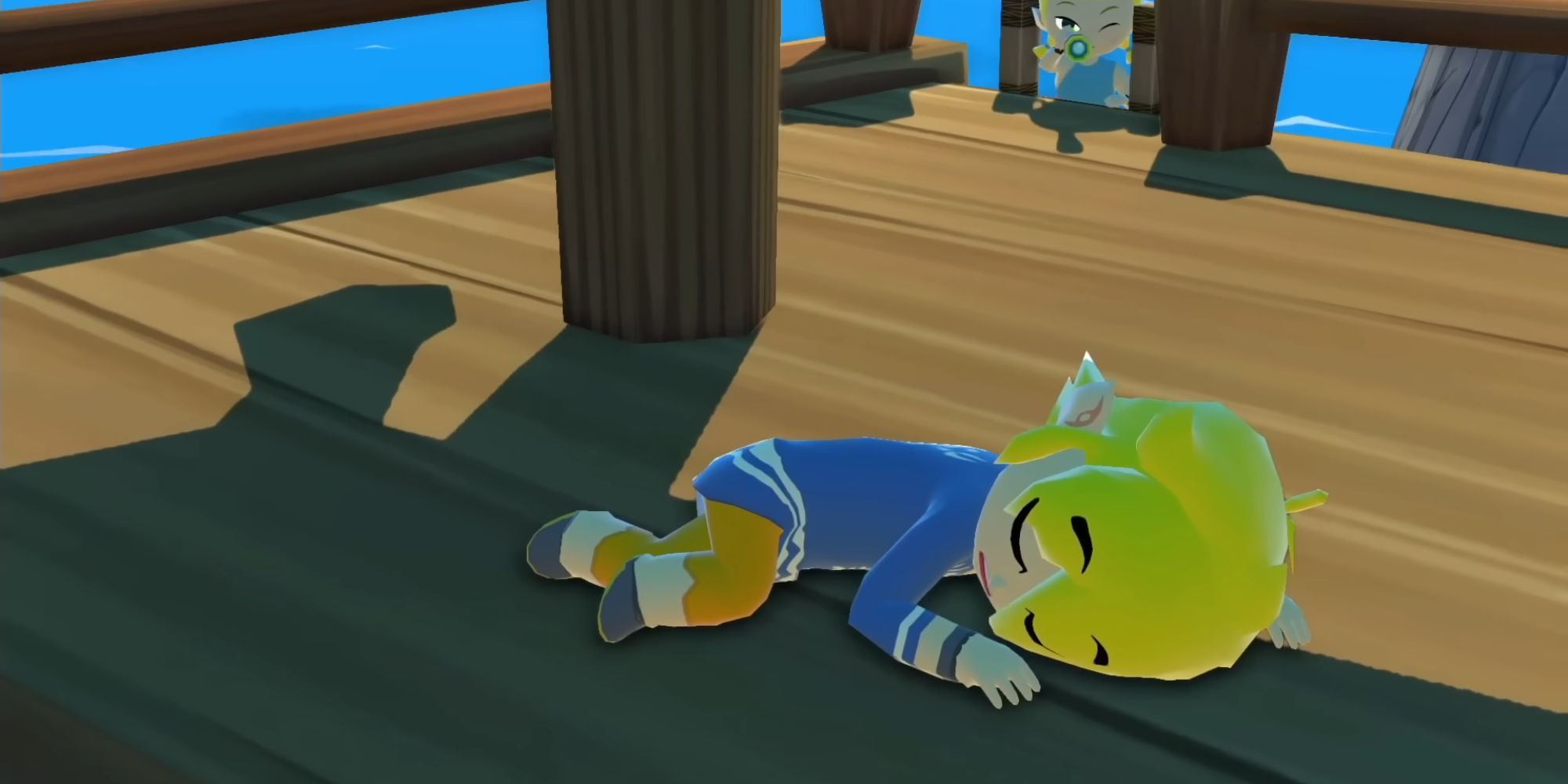 Toon Link schläft in einem Wachturm, während seine Schwester durch ein Teleskop zuschaut