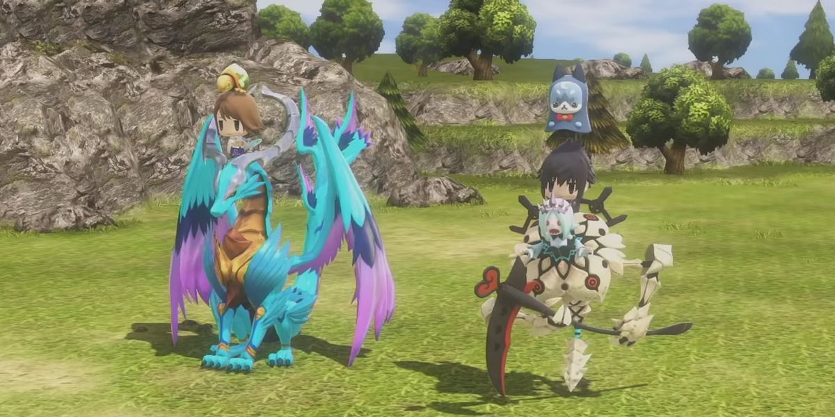 Yuna, and Noctis stacked together with a Sky Dragon, Undead Princess, minimantoise and Mel for battle in World of Final Fantasy