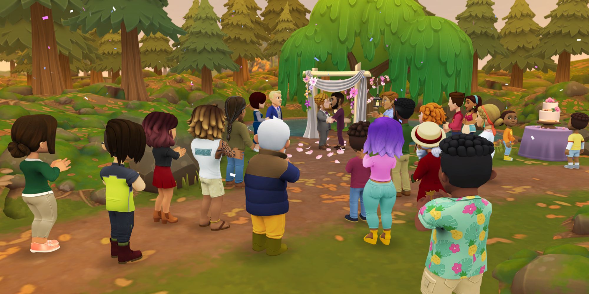 An image from Wylde Flowers, in which various villagers gather at an outdoor wedding.