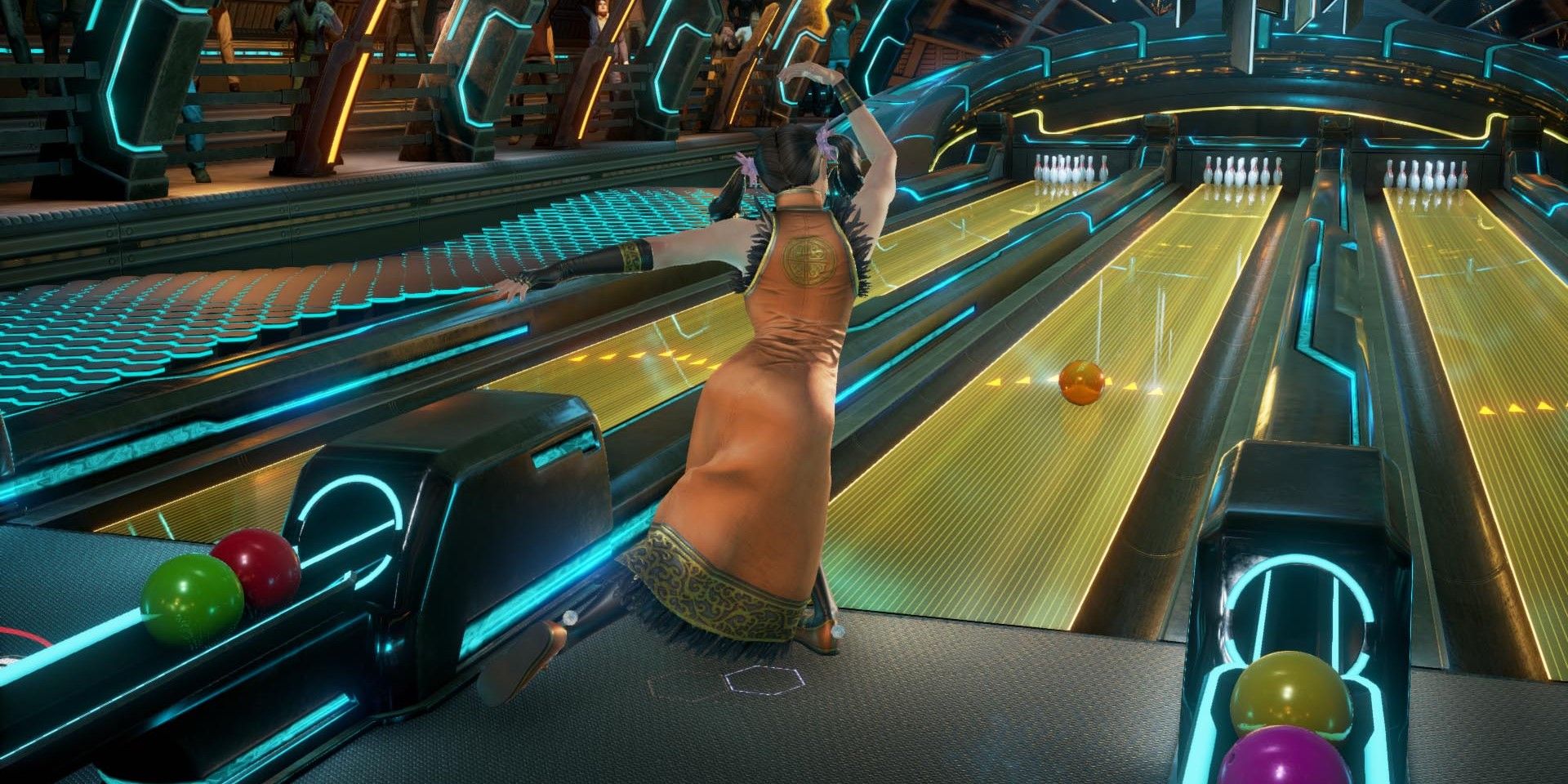 Xiaoyu throws a bowling ball down a futuristic looking light-up lane in Tekken 7.