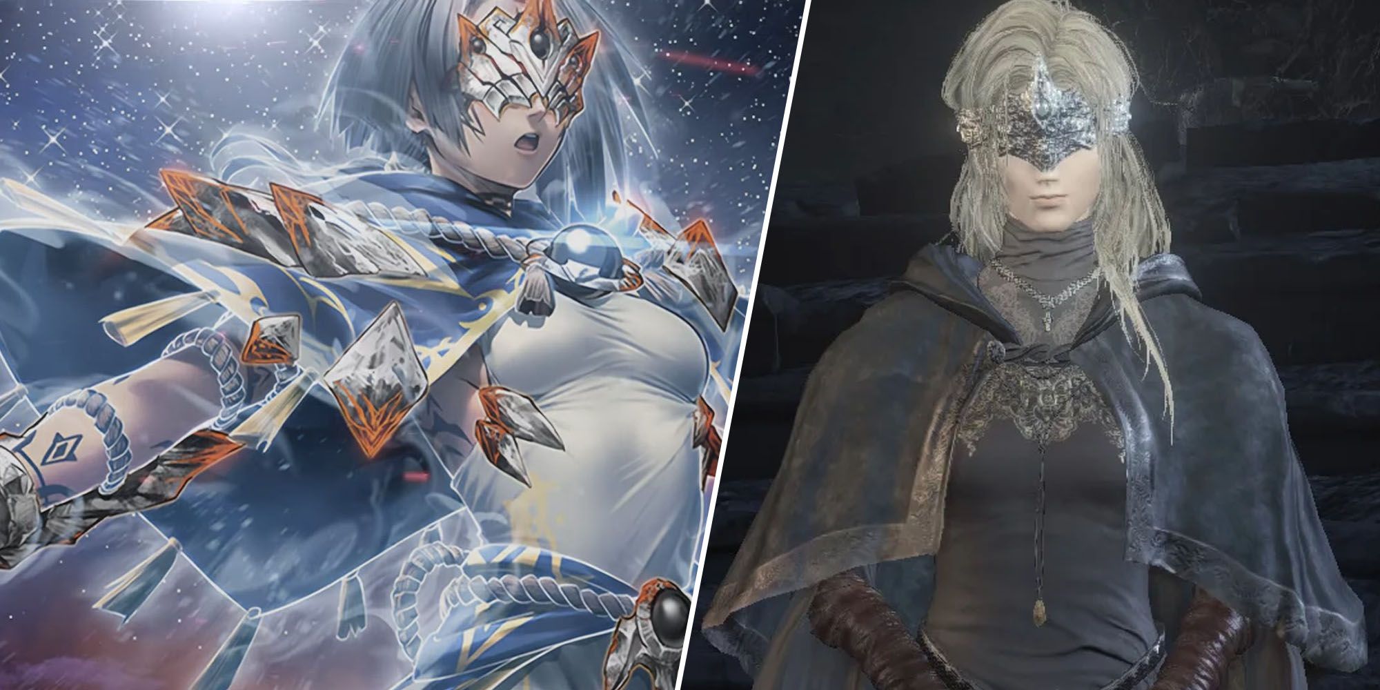 Yu-Gi-Oh Ashen card of a woman in white surrounded by blue magic with her eyes covered by a crown-like mask next to the Firekeeper from Dark Souls 3 in a similar eye mask with black robes and brown gloves, standing on stone steps