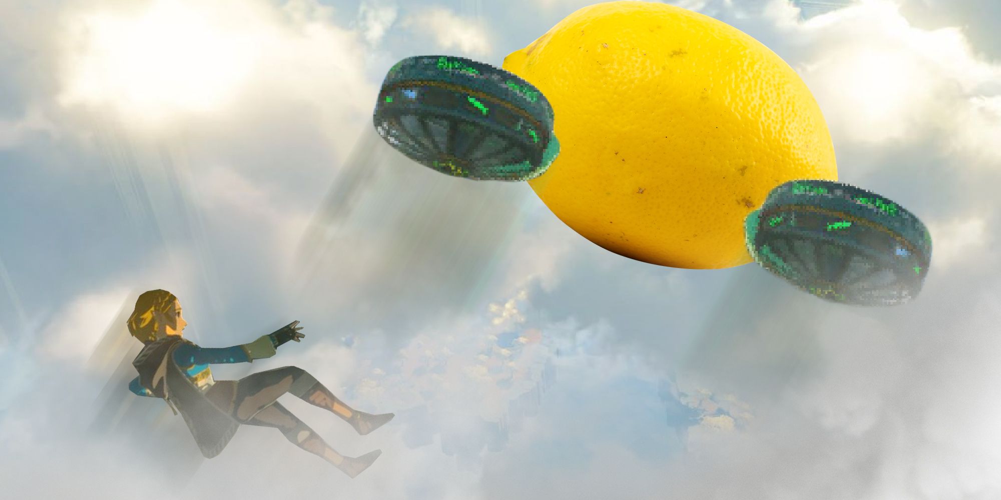 Zelda falling off a flying lemon