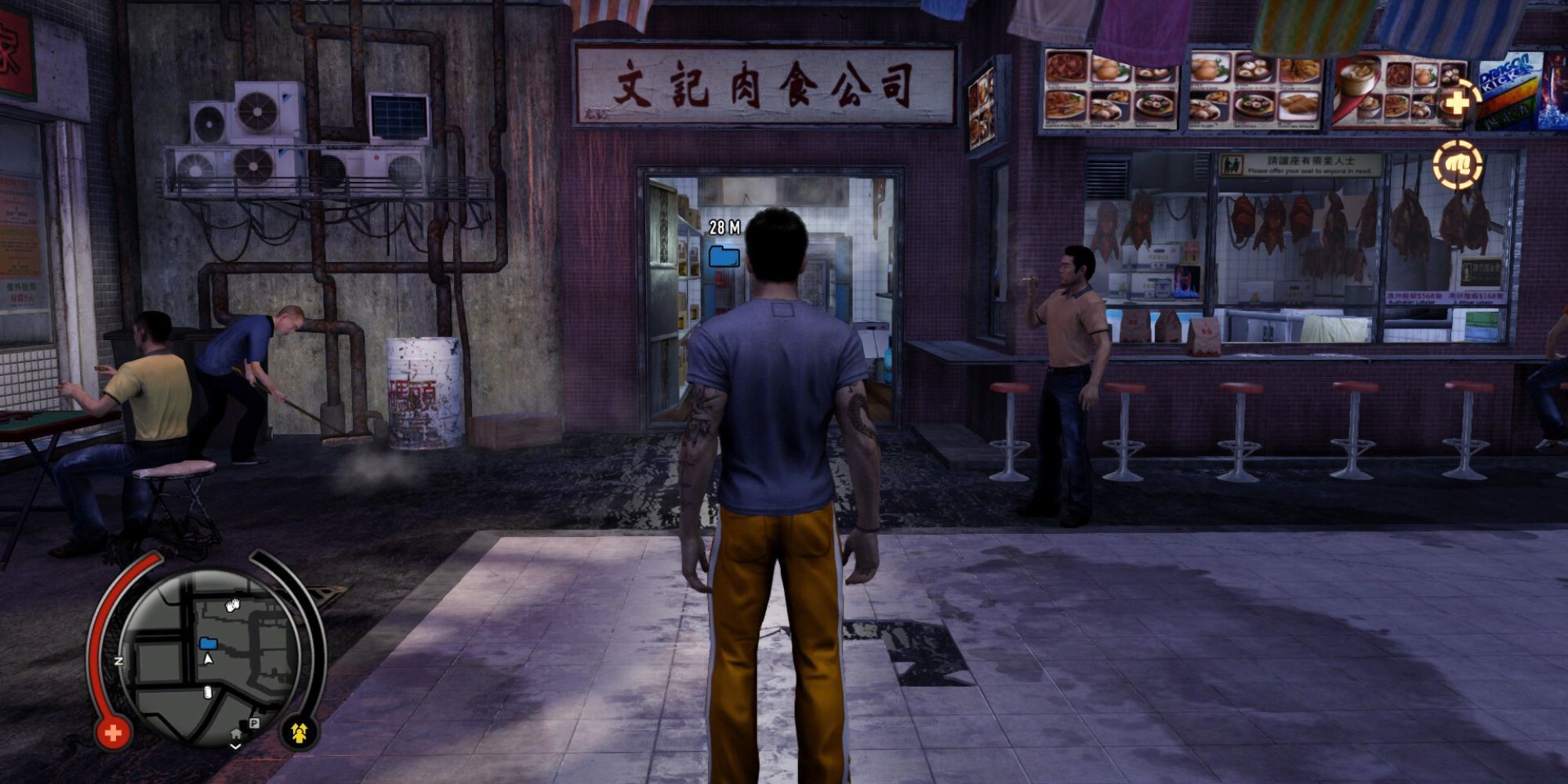 Wei Shen stands outside an apartment building near a small eatery with some bystanders smoking, cleaning, and playing mahjong in Sleeping Dogs