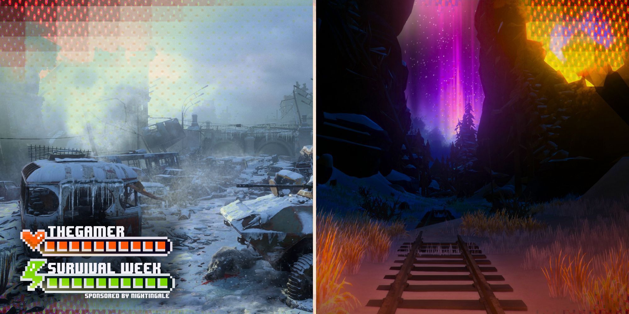 A spllit image of a railroad lit by torch light with purple lights in the sky, and a snowy, postapocalyptic scene showing run-down military and civilian vehicles.