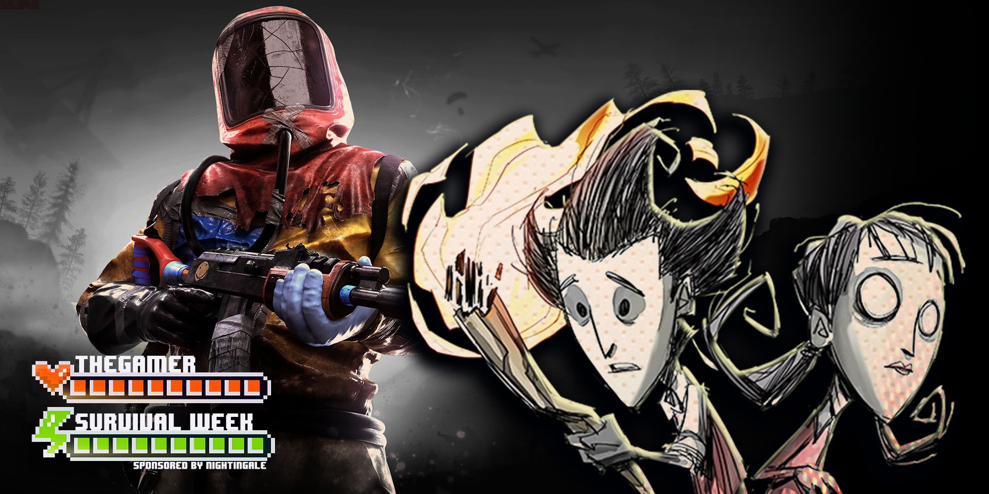 A person in a haphazardly patched together red, blue and yellow suit on the left with a gun and a big sealed helmet from Rust. The characters from Don't Starve in a Tim Burton art style on the right.