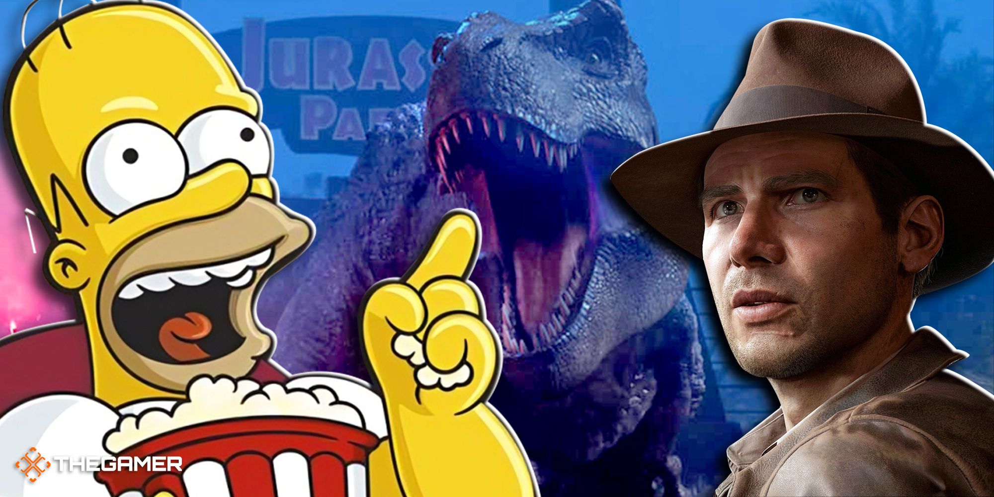 Homer Simpson with popcorn watching Jurassic Park Survival and Indiana Jones