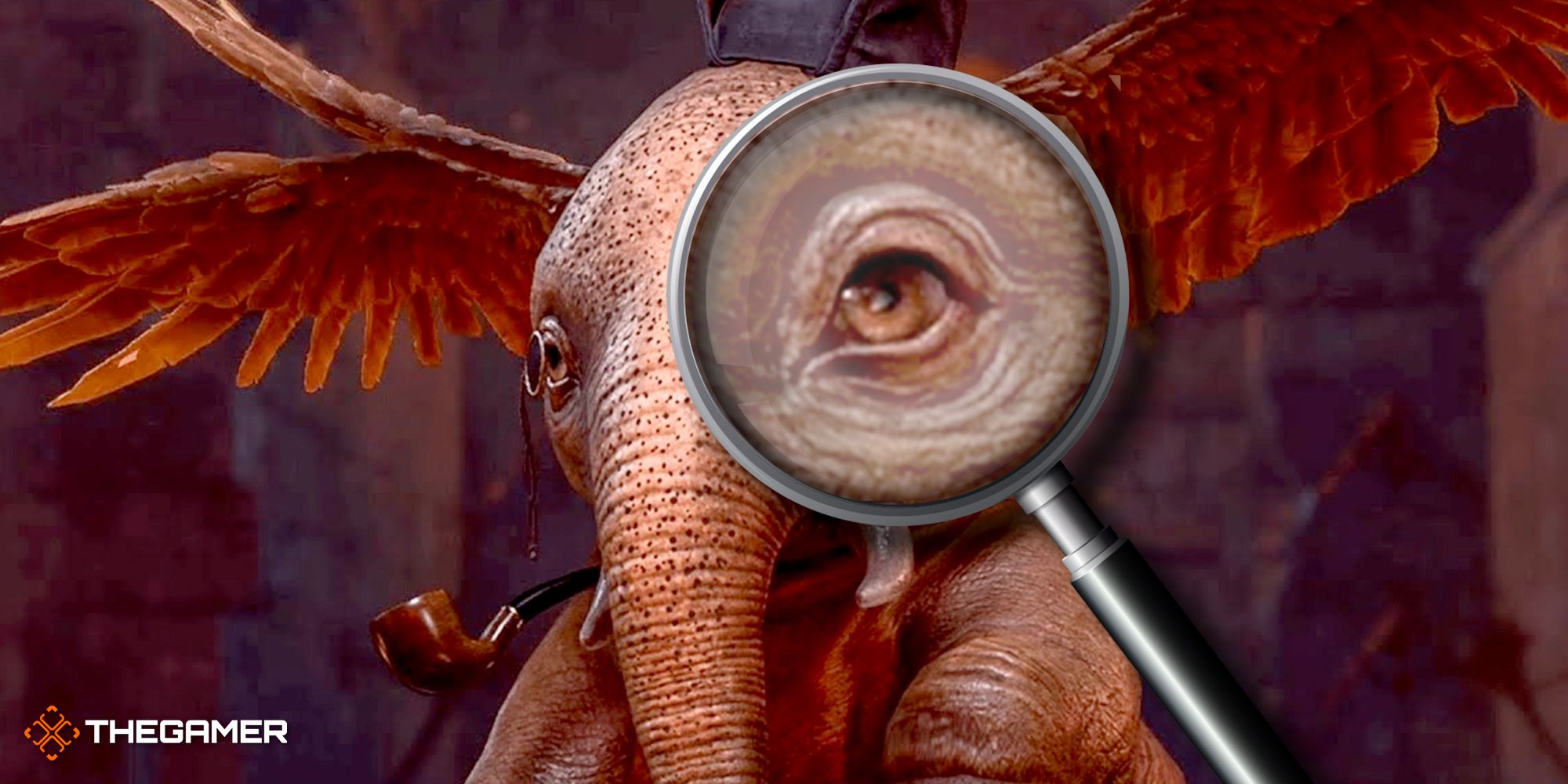 Valeria the Hollyphant with a magnifying glass over her eye