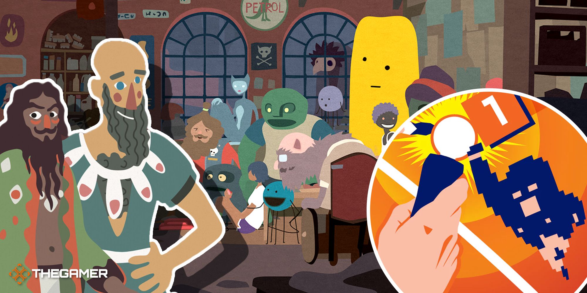 The background is the community in Mutazione, with characters from Saltsea Chronicles on the left and the key art from Sportfriends on the right