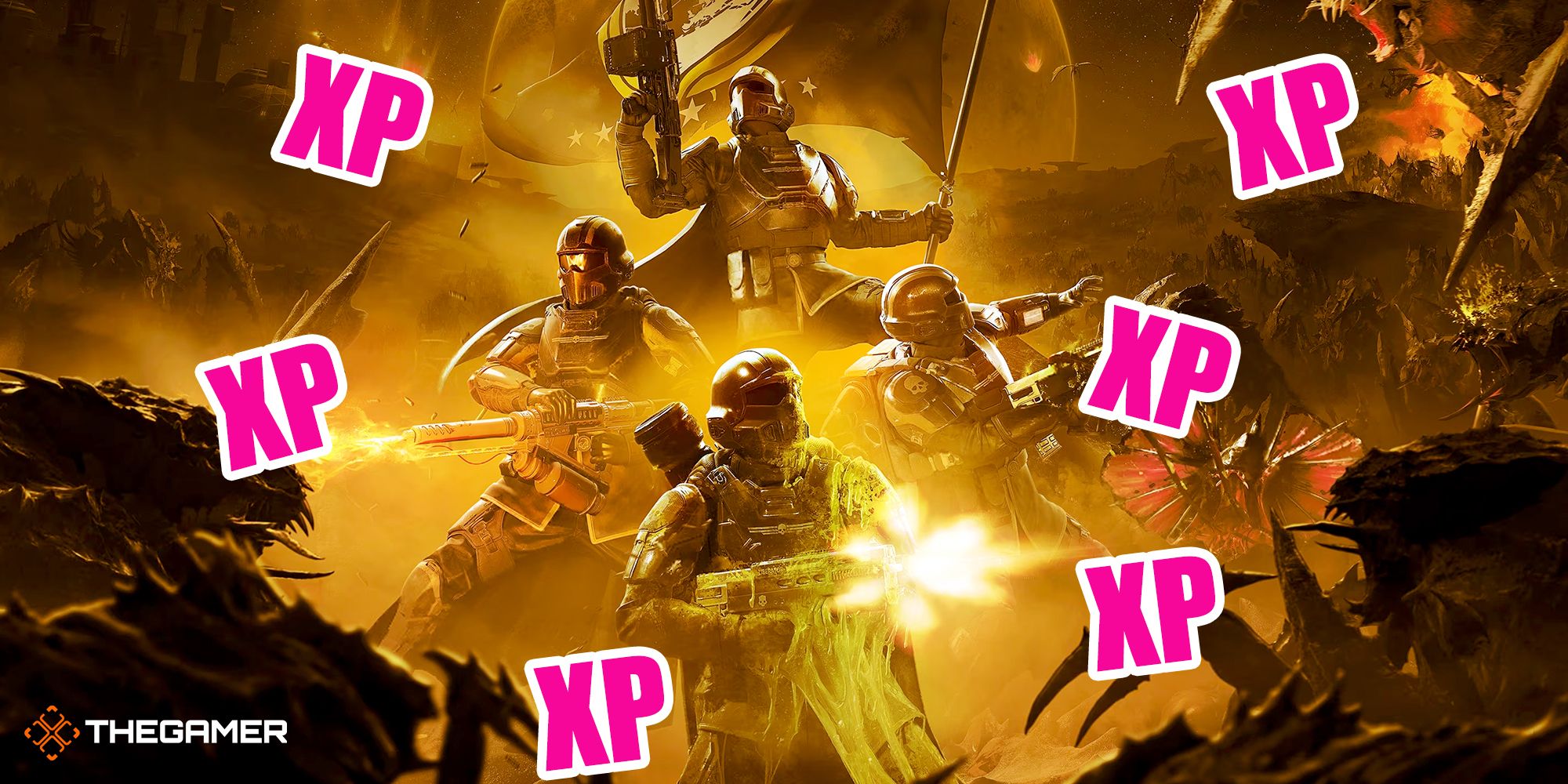 A squad of Helldivers fending off Terminids, with XP in pink font and outlined in white scattered around the image