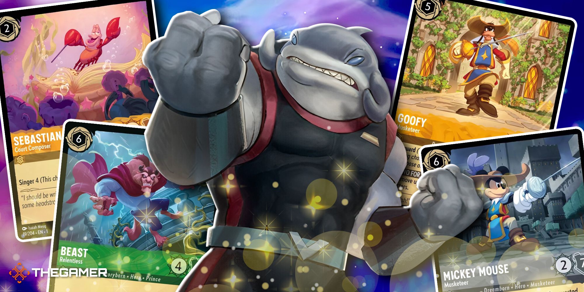GGiant shark man in front of four Lorcana cards, including Goofy, Beast, Sebastian, and Mickey Mouse