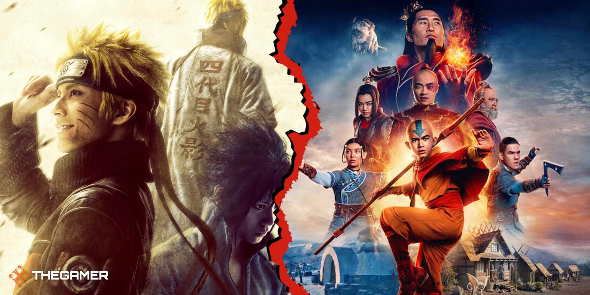 Art of a live-action Naruto on the left and the poster for Netflix's Avatar: The Last Airbender on the right, separated by a jagged red border