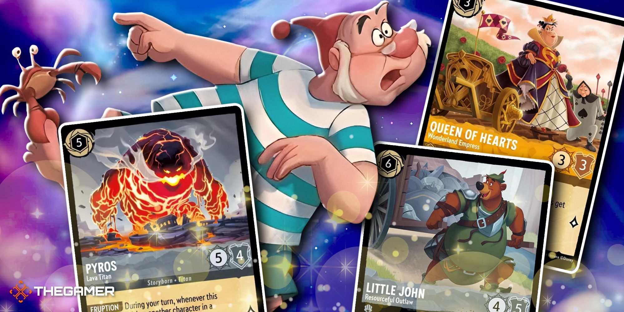 Mr. Smee with three Lorcana cards, Pyros, Little John, and Queen of Hearts