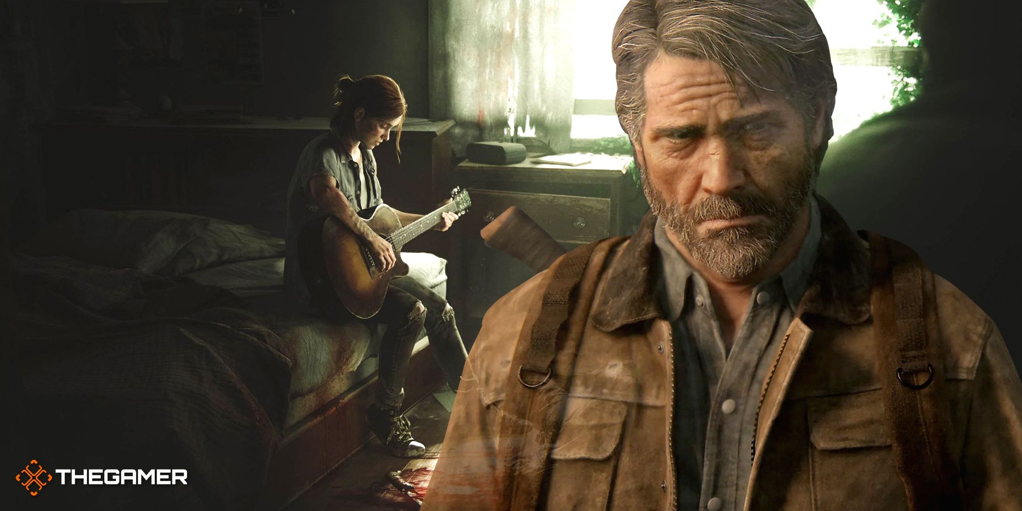 Ellie sitting on her bed and playing the guitar with a sad looking Joel on the right