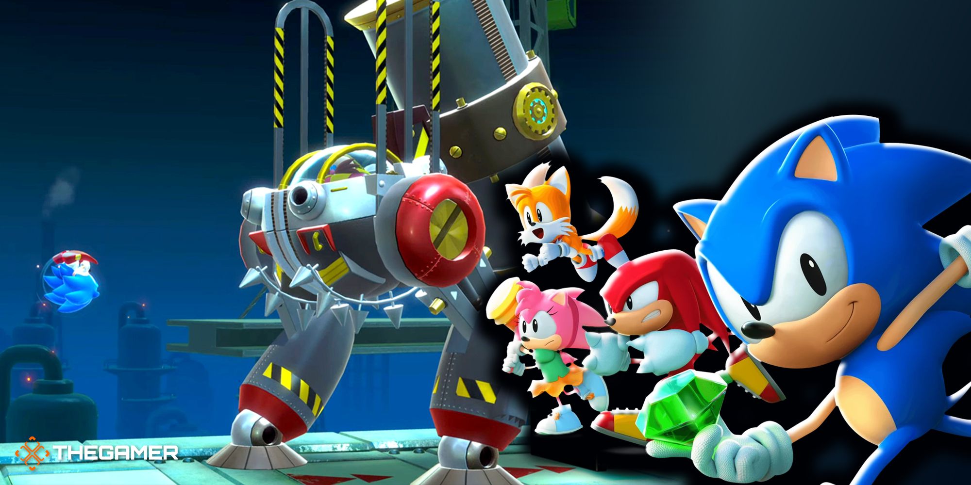 Sonic, Knuckles, Amy, and Tails with an Eggman boss robot in the background.