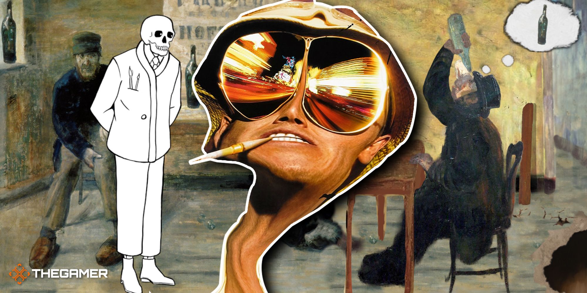 A black and white skeleton on the left, over a painting of a man drinking deeply from a bottle sitting on the right. In the middle is a distorted, stretched head of a man with lights in his sunglasses.
