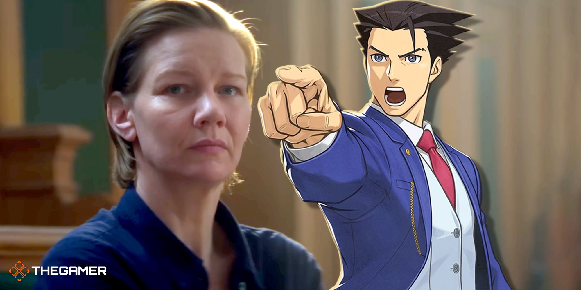 Sandra Voyter from Anatomy of a Fall sitting in court, with Phoenix Wright pointing accusatorily