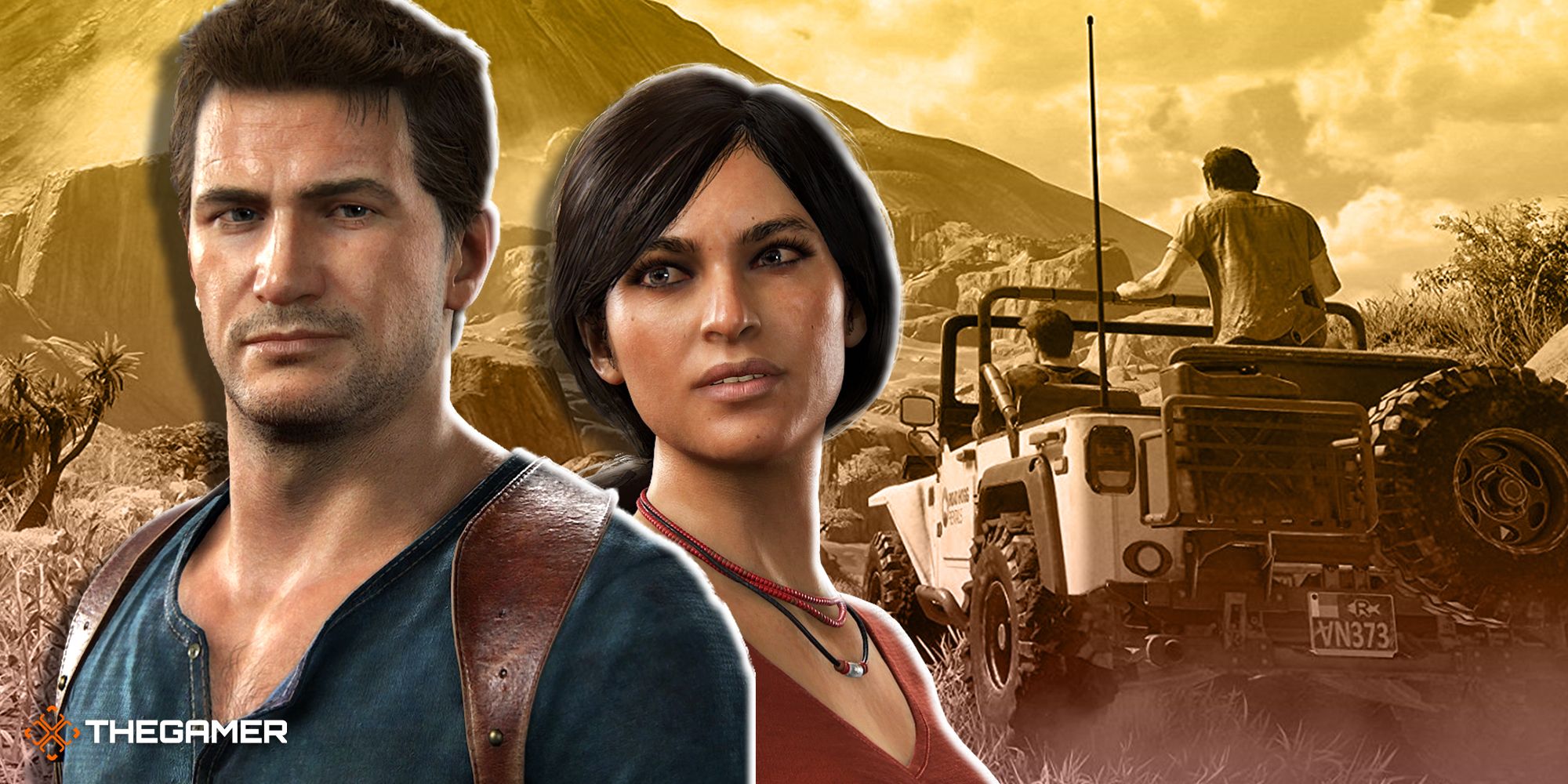 Nathan Drake and Chloe Frazer with a level from Uncharted 4 in the background