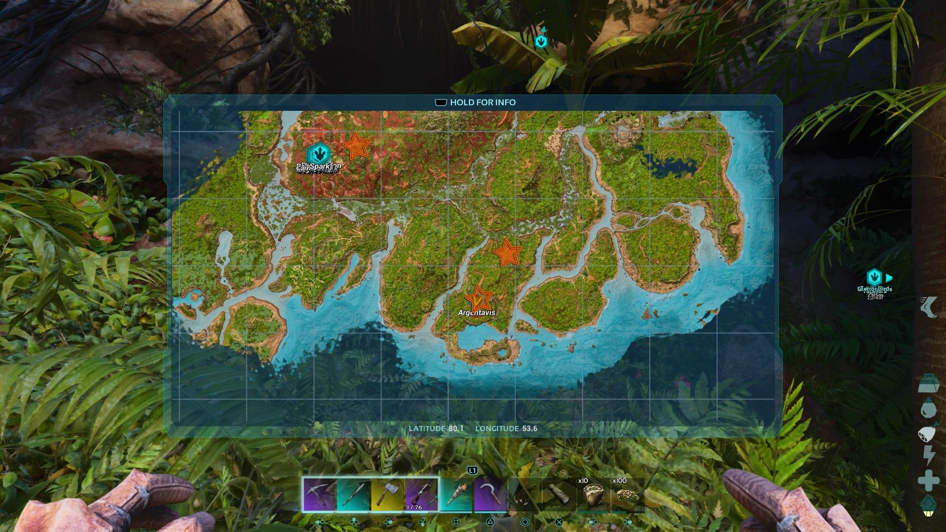 Player character looking at their in-game map that has three orange stars edited onto cave locations in Ark: Survival Ascended.