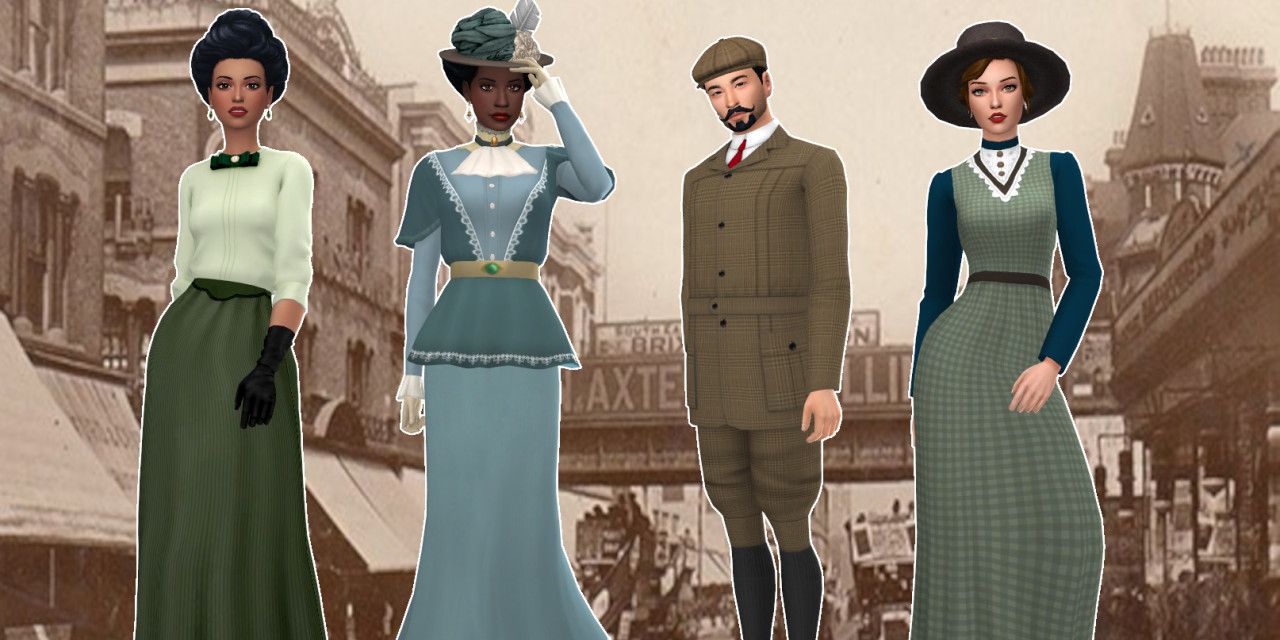 A group of Sims models different Edwardian themed clothing