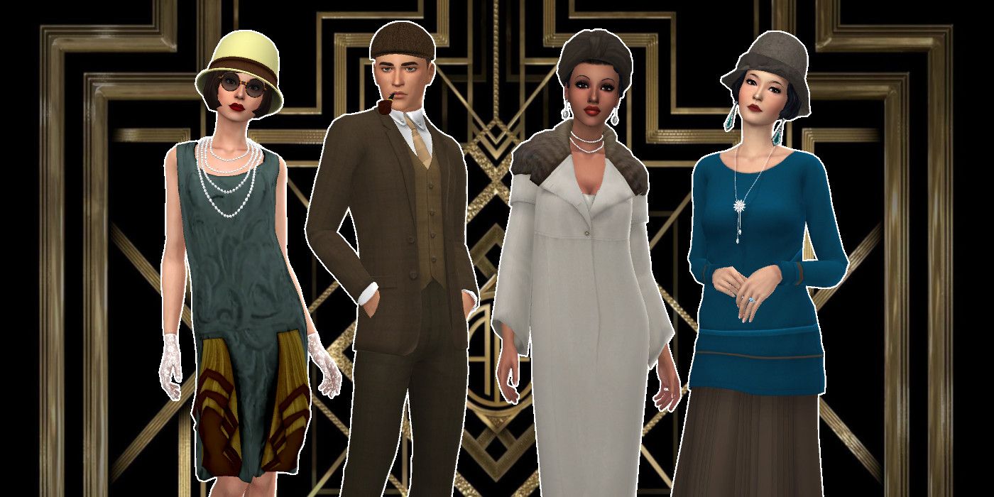 A group of Sims modeling 1920s themed attire