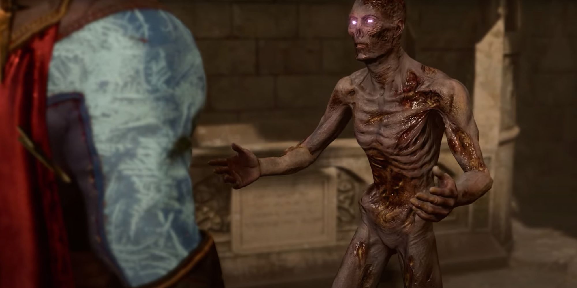 A possessed, partially rotted corpse with purple glowing eyes converses with the player.