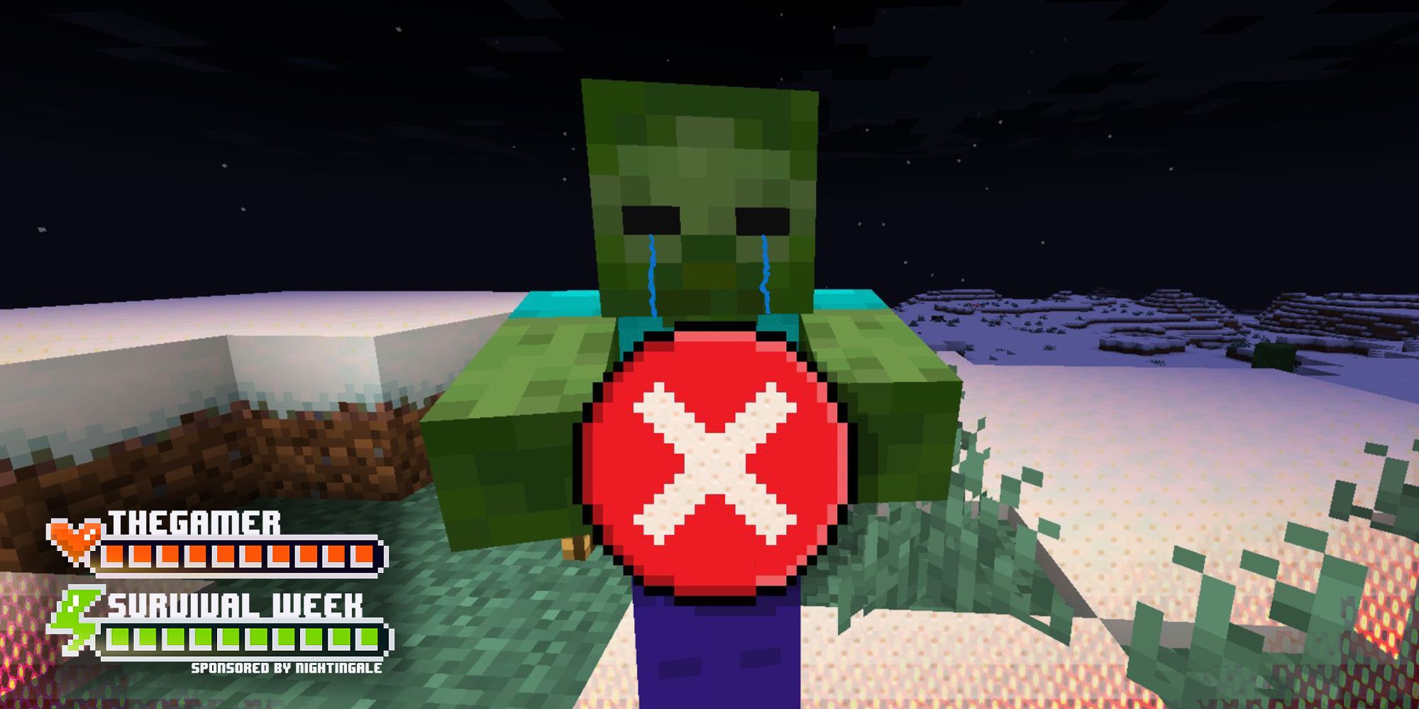    A green Minecraft zombie with tears streaming down its face holding a big, red, pixelated 